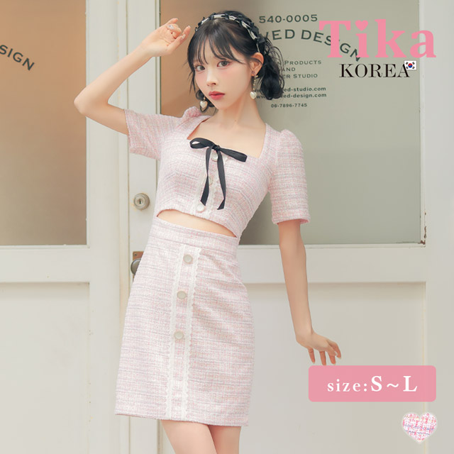 韓国ドレス ミニドレス 袖あり 五分袖 ネックリボン ウエストカットアウト レーステープ ボタン ツイード タイト キャバドレスのメイン画像