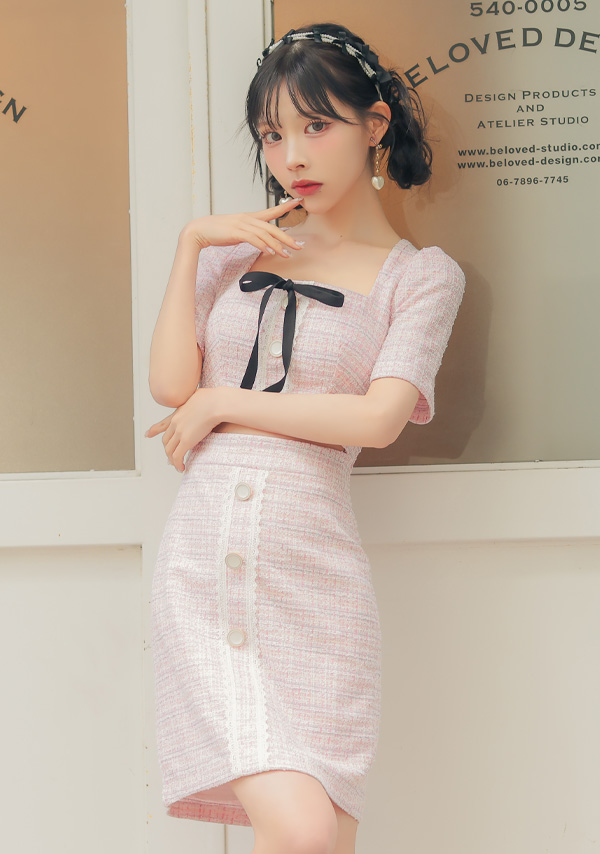 韓国ドレス ミニドレス 袖あり 五分袖 ネックリボン ウエストカットアウト レーステープ ボタン ツイード タイト キャバドレスイメージ画像1