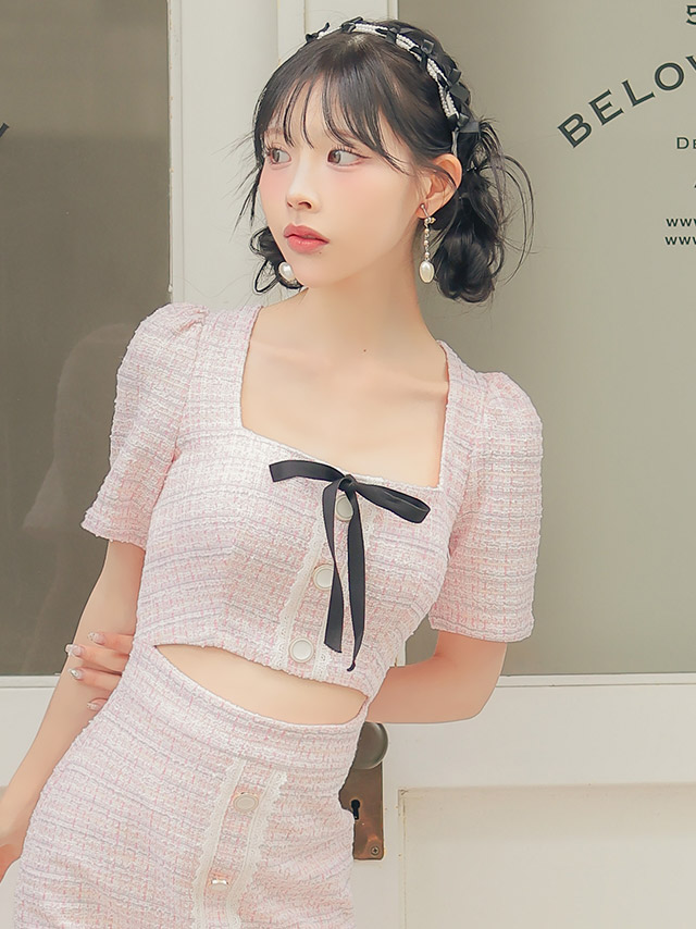 韓国ドレス ミニドレス 袖あり 五分袖 ネックリボン ウエストカットアウト レーステープ ボタン ツイード タイト キャバドレスイメージ画像1