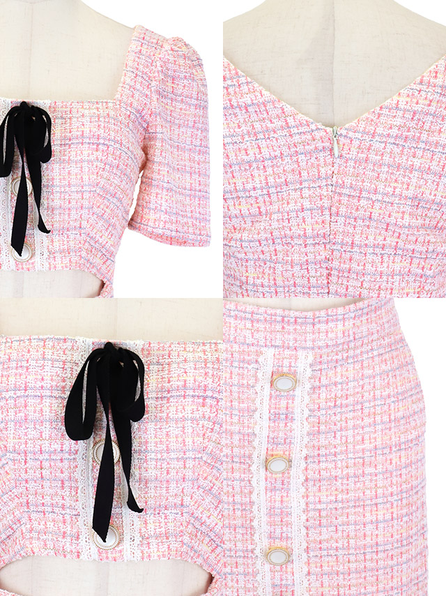 韓国ドレス ミニドレス 袖あり 五分袖 ネックリボン ウエストカットアウト レーステープ ボタン ツイード タイト キャバドレスのディティール1