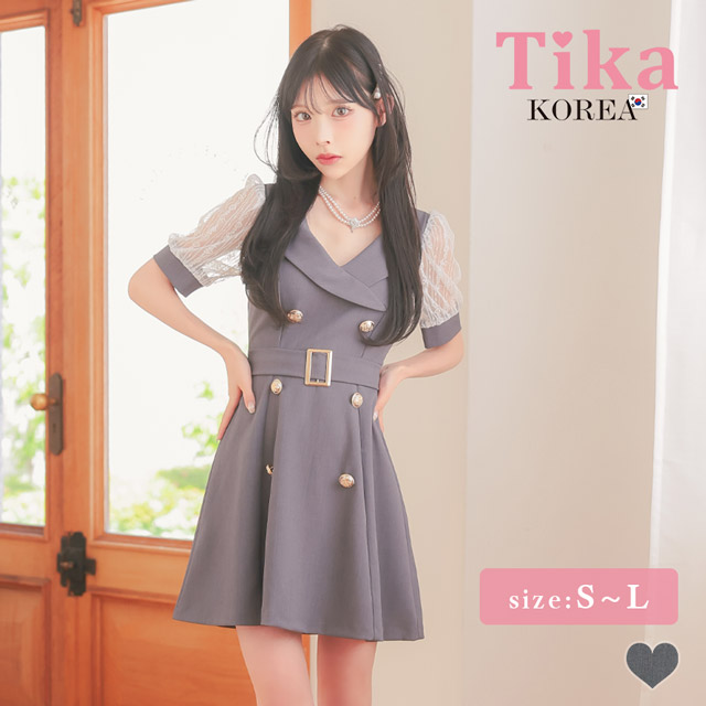 [韓国ドレス] ミニドレス 袖あり ワンピース 同伴 テーラード 襟付き ベルト付き 胸元カバー 下着のまま Aライン キャバドレスのメイン画像