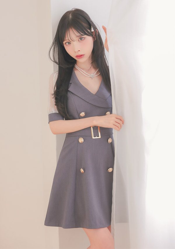 [韓国ドレス] ミニドレス 袖あり ワンピース 同伴 テーラード 襟付き ベルト付き 胸元カバー 下着のまま Aライン キャバドレスイメージ画像1