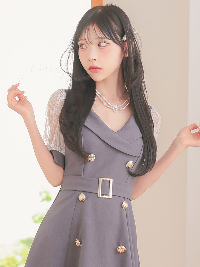 [韓国ドレス] ミニドレス 袖あり ワンピース 同伴 テーラード 襟付き ベルト付き 胸元カバー 下着のまま Aライン キャバドレスイメージ画像1