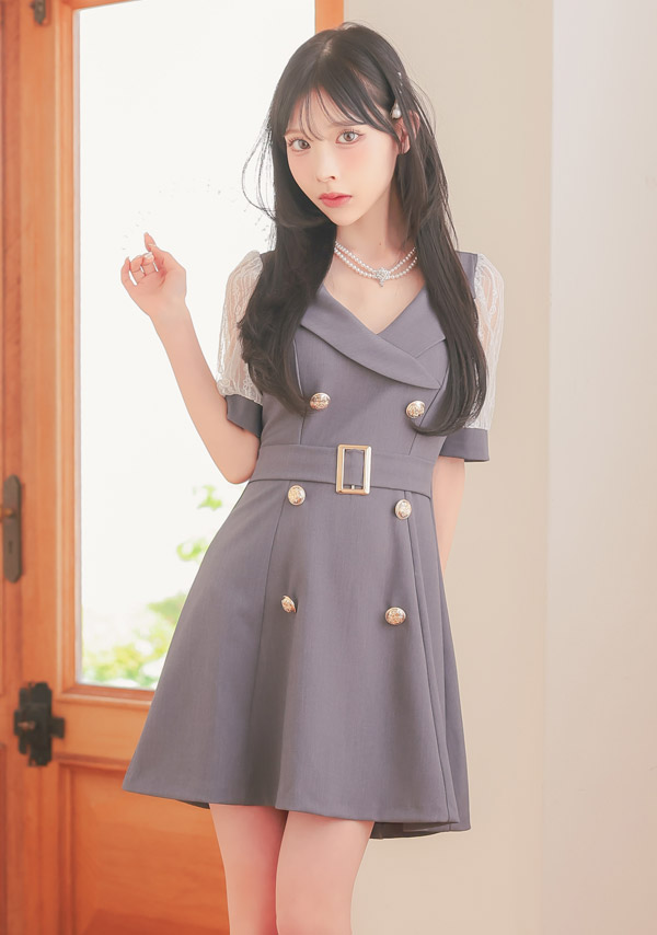 [韓国ドレス] ミニドレス 袖あり ワンピース 同伴 テーラード 襟付き ベルト付き 胸元カバー 下着のまま Aライン キャバドレスのイメージ画像2