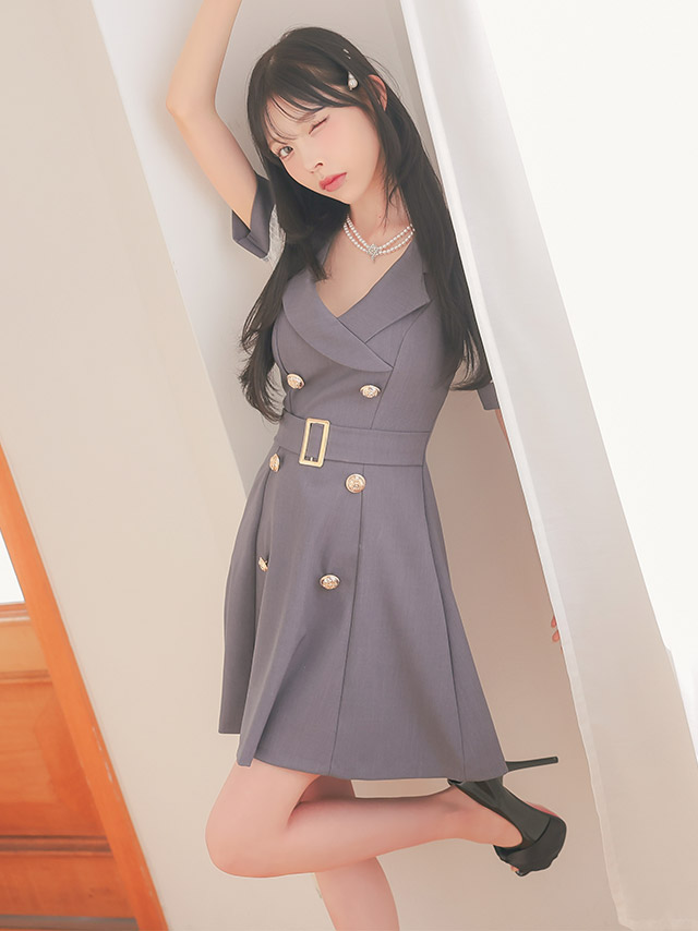 [韓国ドレス] ミニドレス 袖あり ワンピース 同伴 テーラード 襟付き ベルト付き 胸元カバー 下着のまま Aライン キャバドレスのイメージ画像2