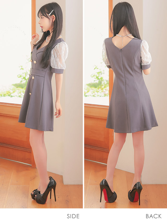 [韓国ドレス] ミニドレス 袖あり ワンピース 同伴 テーラード 襟付き ベルト付き 胸元カバー 下着のまま Aライン キャバドレスのサイドバッグ全身