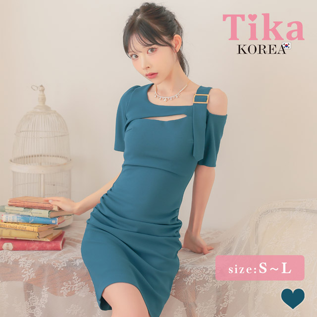 韓国ドレス 膝丈ドレス ワンショルダー風 バストカット アシメショルダー ワンカラー 半袖 タイト キャバドレスのメイン画像