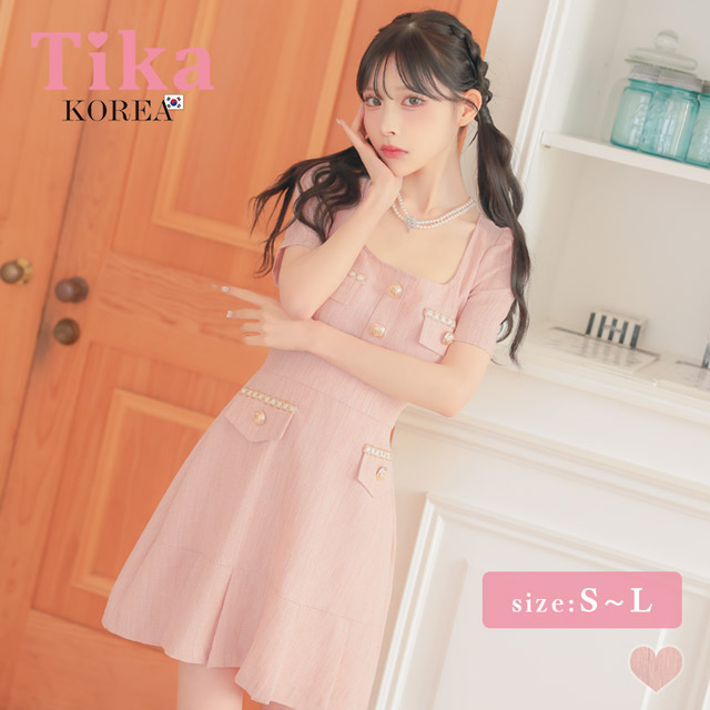 韓国ドレス ワンピース スクエアネック 半袖 ゴールドチェーン ボタン 裾プリーツ Aライン キャバドレスのメイン画像