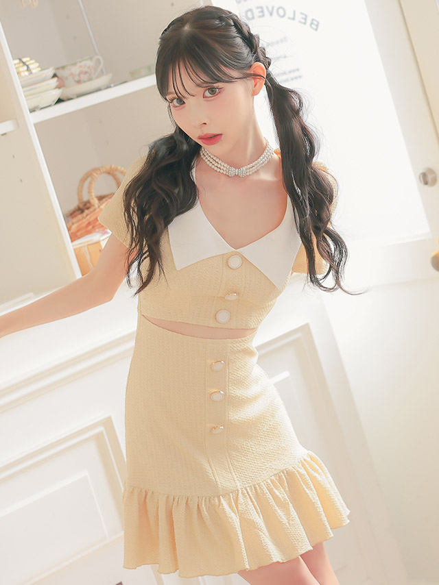 韓国ドレス ミニドレス 襟付き 半袖 ボタン ウエストカット ワッフル 裾フリル タイトキャバドレスイメージ画像1