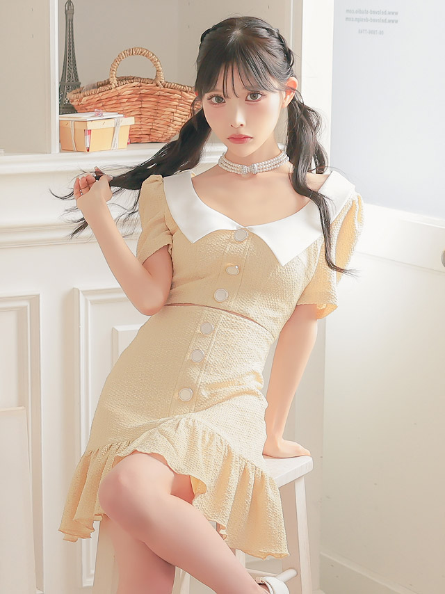 韓国ドレス ミニドレス 襟付き 半袖 ボタン ウエストカット ワッフル 裾フリル タイトキャバドレスのイメージ画像2