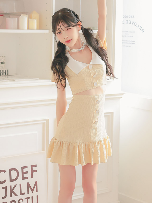 韓国ドレス ミニドレス 襟付き 半袖 ボタン ウエストカット ワッフル 裾フリル タイトキャバドレスのイメージ画像2