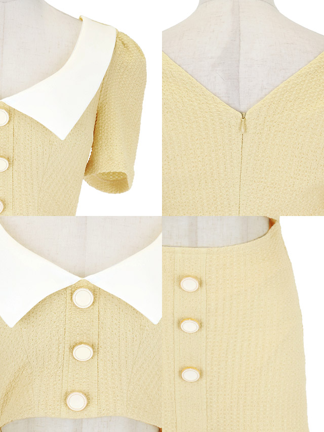 韓国ドレス ミニドレス 襟付き 半袖 ボタン ウエストカット ワッフル 裾フリル タイトキャバドレスのディティール1