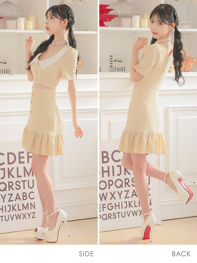 韓国ドレス ミニドレス 襟付き 半袖 ボタン ウエストカット ワッフル 裾フリル タイトキャバドレスのサイドバッグ全身