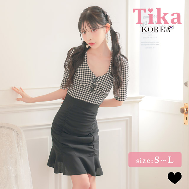 韓国ドレス ミニドレス 襟付き 袖あり ギンガムチェック柄 ギャザー 裾フリル タイト キャバドレスのメイン画像