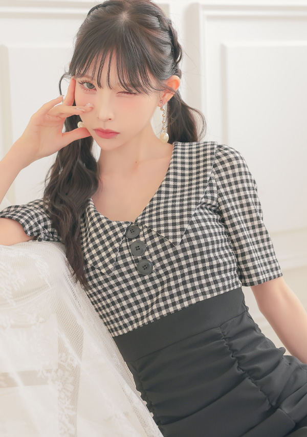 韓国ドレス ミニドレス 襟付き 袖あり ギンガムチェック柄 ギャザー 裾フリル タイト キャバドレスイメージ画像1