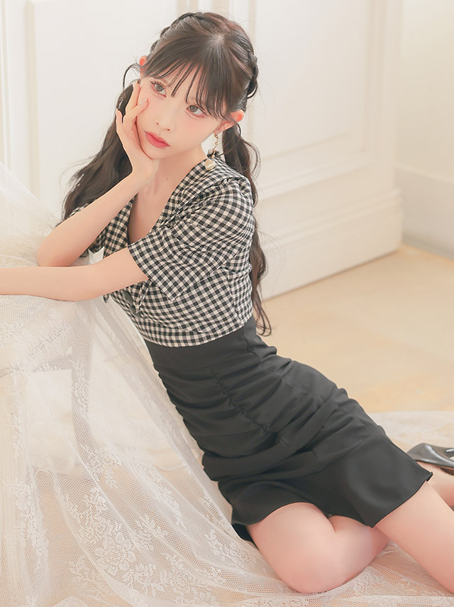 韓国ドレス ミニドレス 襟付き 袖あり ギンガムチェック柄 ギャザー 裾フリル タイト キャバドレスイメージ画像1