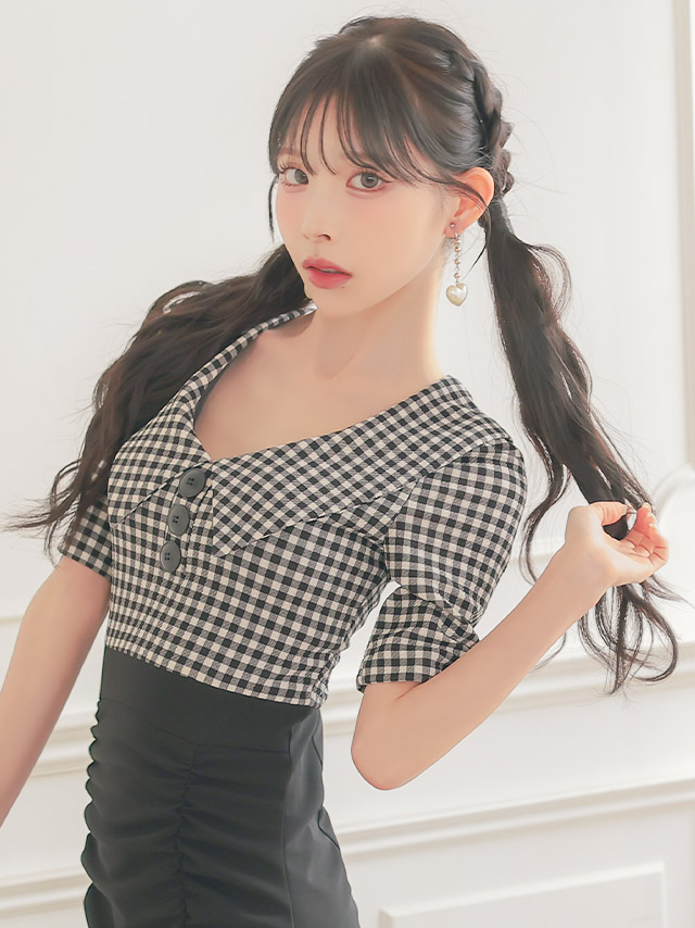 韓国ドレス ミニドレス 襟付き 袖あり ギンガムチェック柄 ギャザー 裾フリル タイト キャバドレスのイメージ画像2