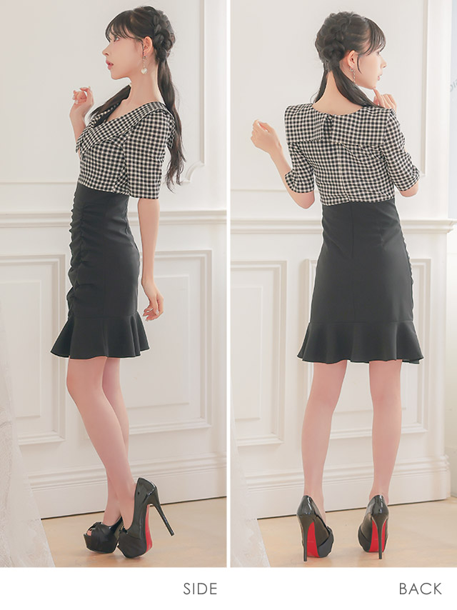 韓国ドレス ミニドレス 襟付き 袖あり ギンガムチェック柄 ギャザー 裾フリル タイト キャバドレスのサイドバッグ全身
