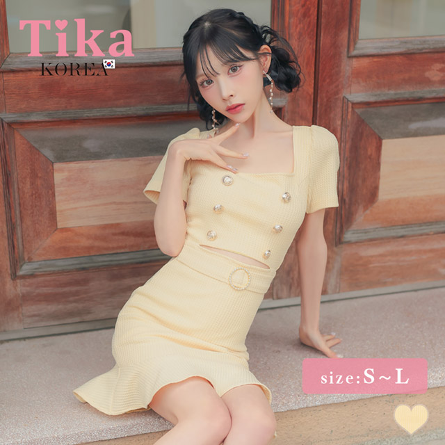 韓国ドレス ワンピース タイト ミニドレス シンプル ストレッチ 半袖 ウエストカット パフスリーブ ウエストベルト ブラジャーのまま スクエアネック ゴールドボタン ワッフル 裾フリル イエロー タイト ミニドレスのメイン画像