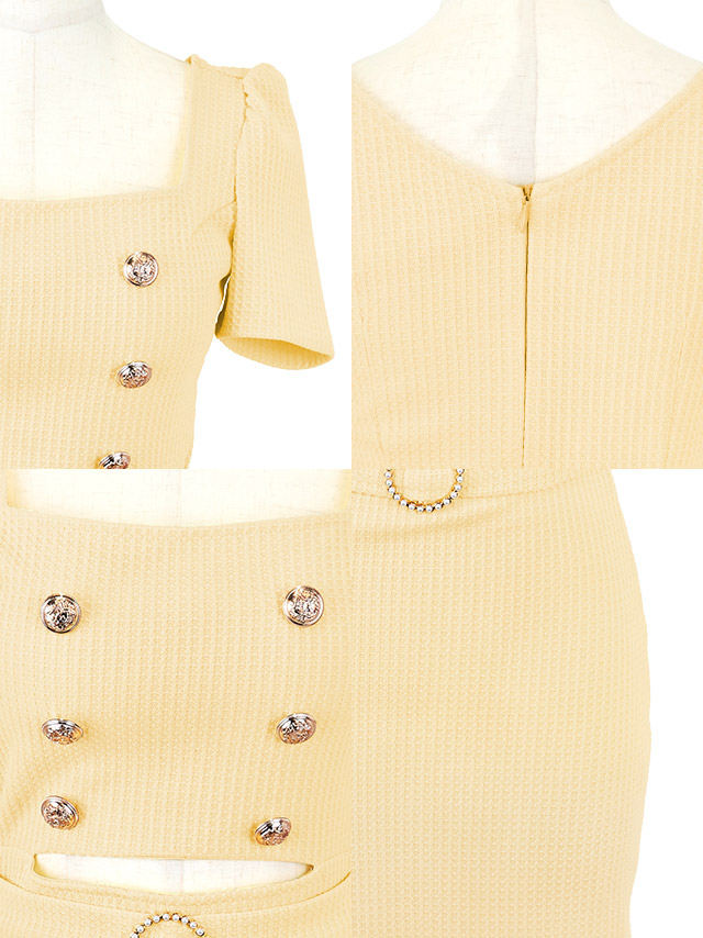 韓国ドレス ワンピース タイト ミニドレス シンプル ストレッチ 半袖 ウエストカット パフスリーブ ウエストベルト ブラジャーのまま スクエアネック ゴールドボタン ワッフル 裾フリル イエロー タイト ミニドレスのディティール1