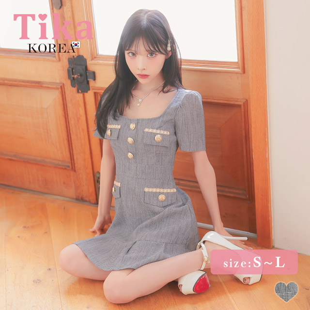 韓国ドレス ミニドレス 半袖 ゴールドチェーン ボタン フェイクポケット グレー Aライン ワンピースのメイン画像