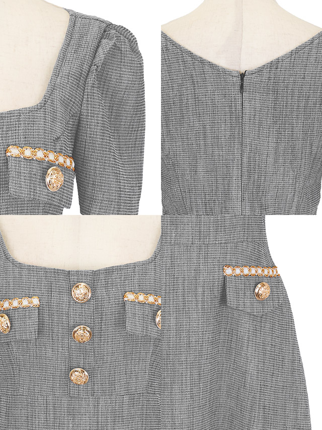 韓国ドレス ミニドレス 半袖 ゴールドチェーン ボタン フェイクポケット グレー Aライン ワンピースのディティール1