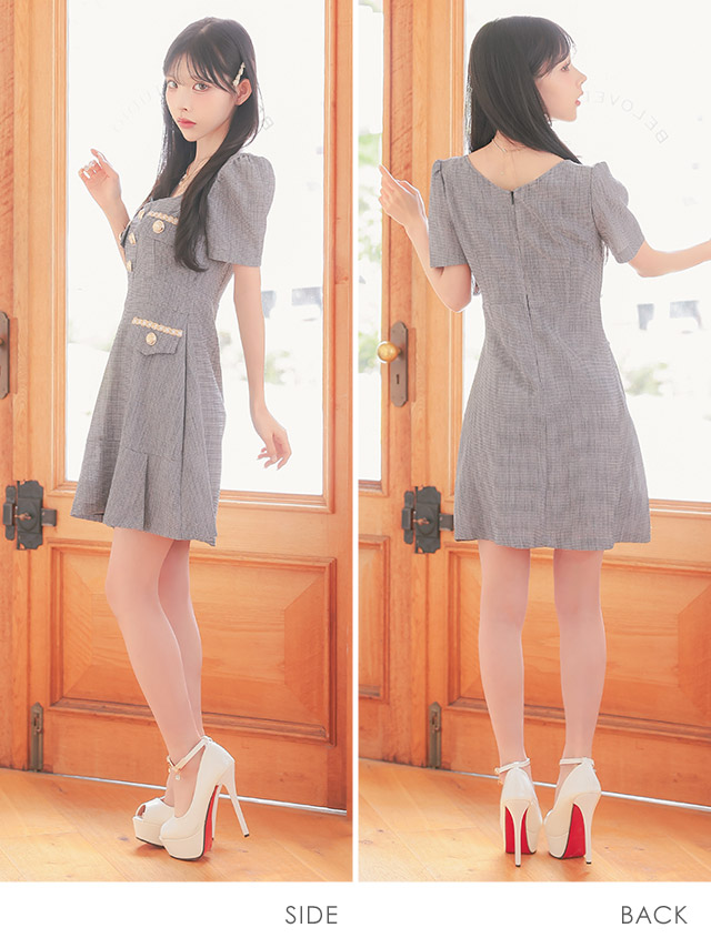 韓国ドレス ミニドレス 半袖 ゴールドチェーン ボタン フェイクポケット グレー Aライン ワンピースのサイドバッグ全身