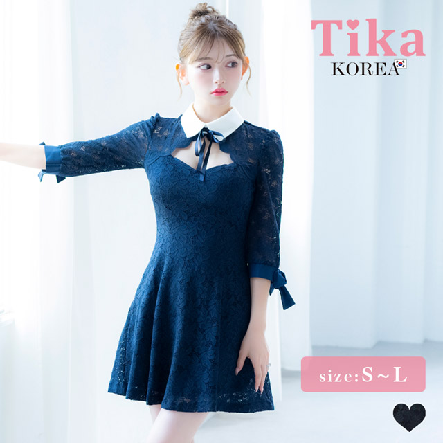 韓国ドレス ミニドレス 襟付き ネックリボン 総レース 袖あり 七分袖 Aライン キャバドレスのメイン画像