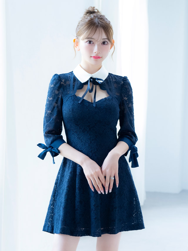 韓国ドレス ミニドレス 襟付き ネックリボン 総レース 袖あり 七分袖 Aライン キャバドレスイメージ画像1