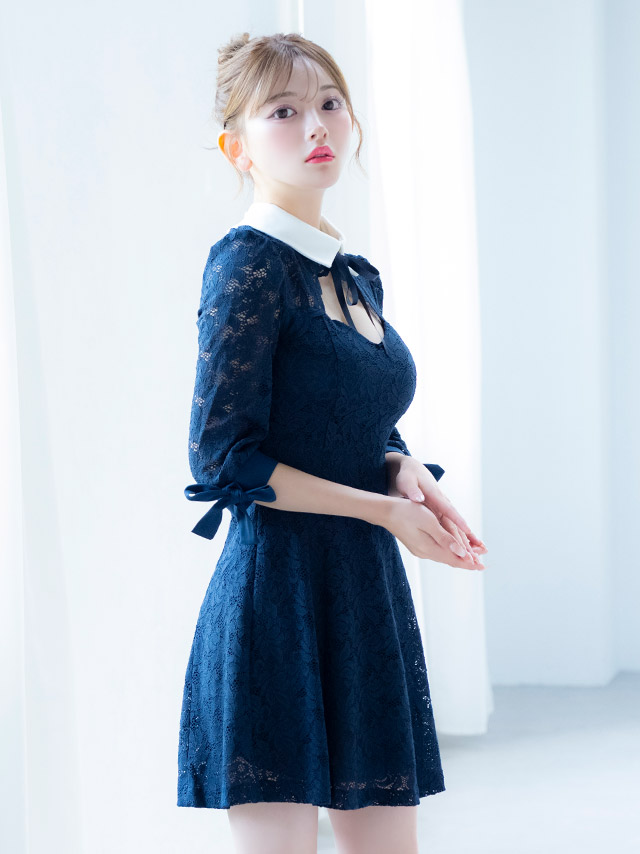 韓国ドレス ミニドレス 襟付き ネックリボン 総レース 袖あり 七分袖 Aライン キャバドレスのイメージ画像2