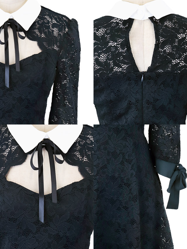 韓国ドレス ミニドレス 襟付き ネックリボン 総レース 袖あり 七分袖 Aライン キャバドレスのディティール1