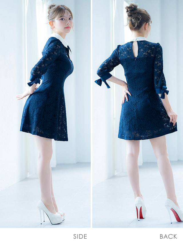 韓国ドレス ミニドレス 襟付き ネックリボン 総レース 袖あり 七分袖 Aライン キャバドレスのサイドバッグ全身