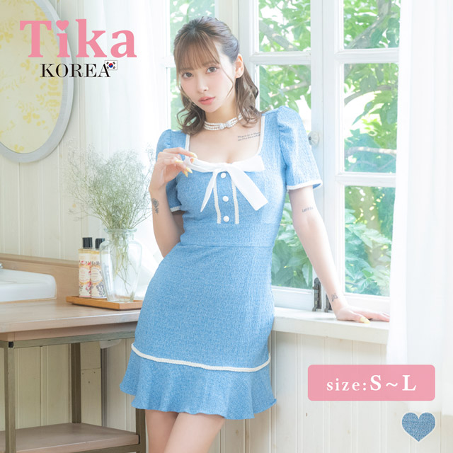 韓国ドレス ワンピース ストレッチ 半袖 ネックリボン パフスリーブ ブラジャーのまま 裾フリル スクエアネック パイピングレース ブルー 水色 タイト キャバドレスのメイン画像