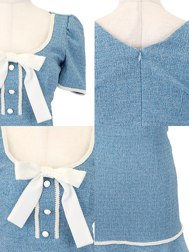 韓国ドレス ワンピース ストレッチ 半袖 ネックリボン パフスリーブ ブラジャーのまま 裾フリル スクエアネック パイピングレース ブルー 水色 タイト キャバドレスのディティール1