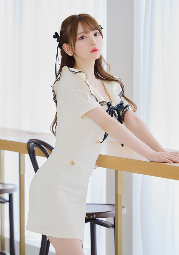 韓国ドレス ミニドレス ロゴリボン ガーリー フリルレース 襟付き ゴールドボタン ストレッチ タイト キャバドレスイメージ画像1