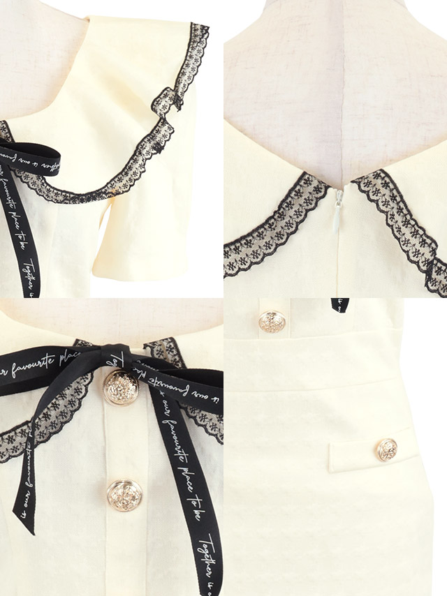 韓国ドレス ミニドレス ロゴリボン ガーリー フリルレース 襟付き ゴールドボタン ストレッチ タイト キャバドレスのディティール1