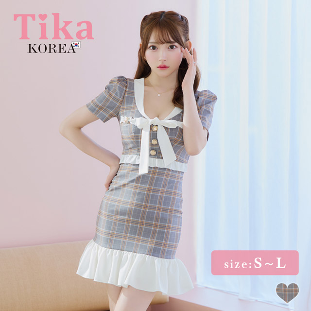 韓国ドレス ミニドレス 半袖 ネックリボン 襟付き タータンチェック柄 ゴールドボタン 裾フリル タイト キャバドレスのメイン画像