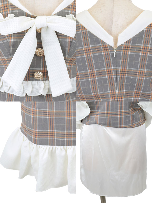 韓国ドレス ミニドレス 半袖 ネックリボン 襟付き タータンチェック柄 ゴールドボタン 裾フリル タイト キャバドレスのディティール1