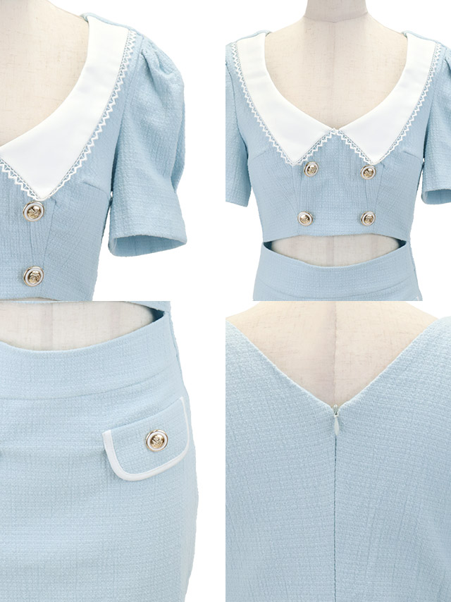 韓国ドレス ミニドレス 襟付き 半袖 パフスリーブ ウエストカット タイト キャバドレスのディティール1