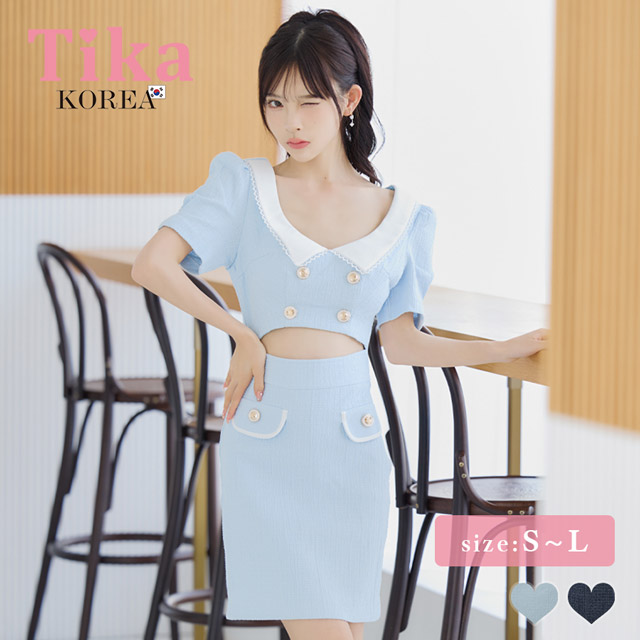 韓国ドレス ミニドレス 襟付き 半袖 パフスリーブ ウエストカット タイト キャバドレスのメイン画像