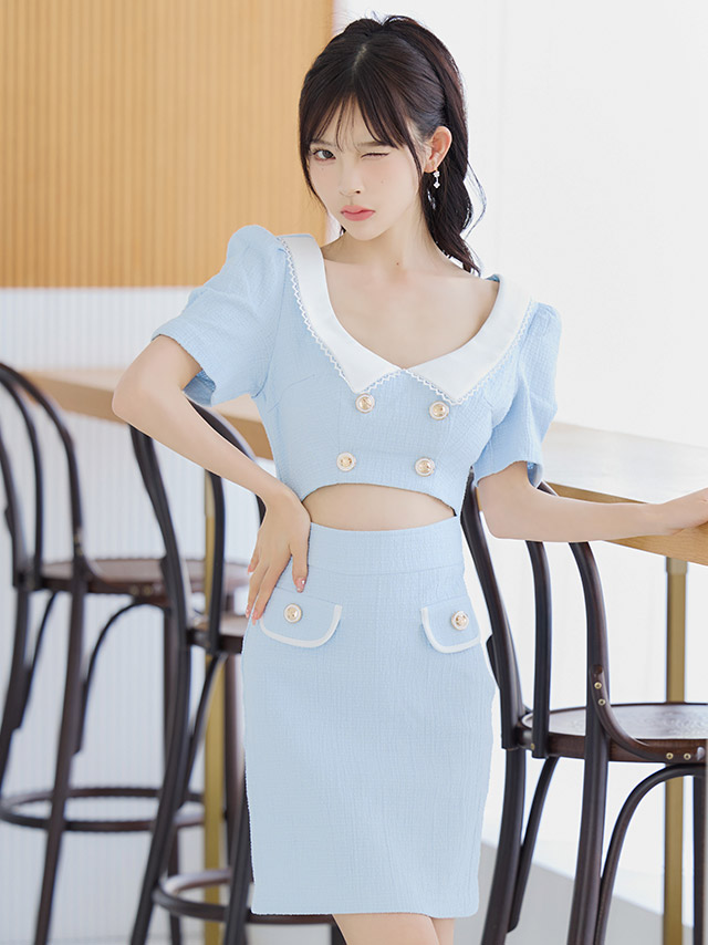 韓国ドレス ミニドレス 襟付き 半袖 パフスリーブ ウエストカット タイト キャバドレスイメージ画像1