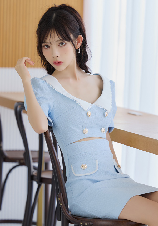 韓国ドレス ミニドレス 襟付き 半袖 パフスリーブ ウエストカット タイト キャバドレスイメージ画像1