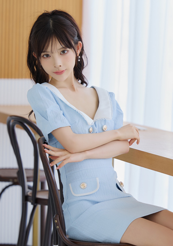 韓国ドレス ミニドレス 襟付き 半袖 パフスリーブ ウエストカット タイト キャバドレスのイメージ画像2