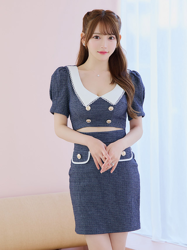 韓国ドレス ミニドレス 襟付き 半袖 パフスリーブ ウエストカット タイト キャバドレスのイメージ画像2