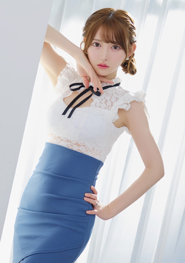 韓国ドレス 膝丈ドレス ネックリボン ノースリーブ フリル袖 レース切り替え バイカラー アシメギャザー ラップ バストカット 谷間魅せ タイト キャバドレスイメージ画像1