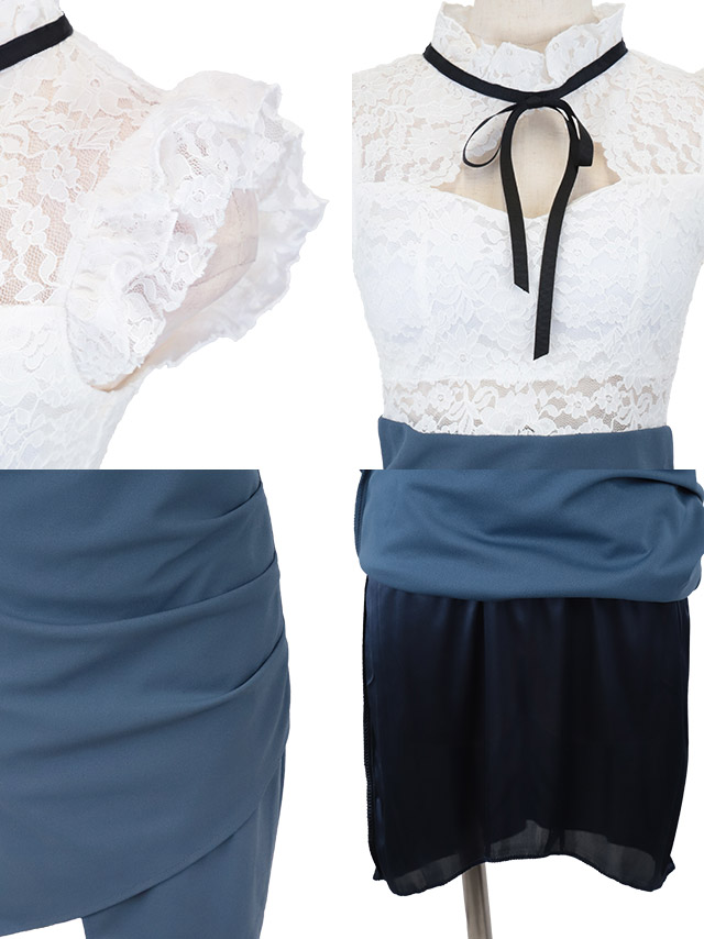 韓国ドレス 膝丈ドレス ネックリボン ノースリーブ フリル袖 レース切り替え バイカラー アシメギャザー ラップ バストカット 谷間魅せ タイト キャバドレスのディティール1