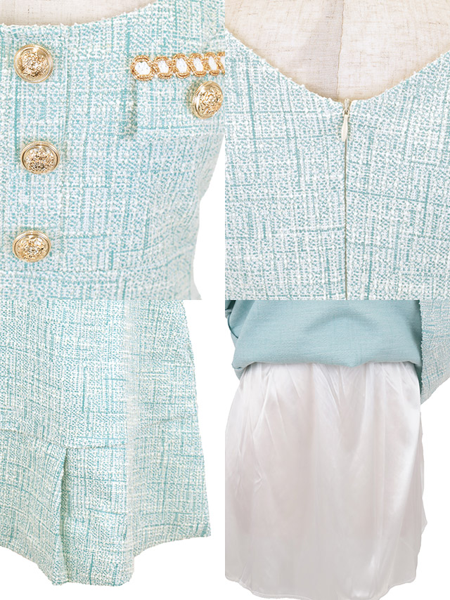 韓国ドレス ワンピース Aライン ミニドレス 大人 上品 ツイード 半袖 パフスリーブ ブラジャーのまま 裾プリーツ Aライン ミニドレスのディティール1