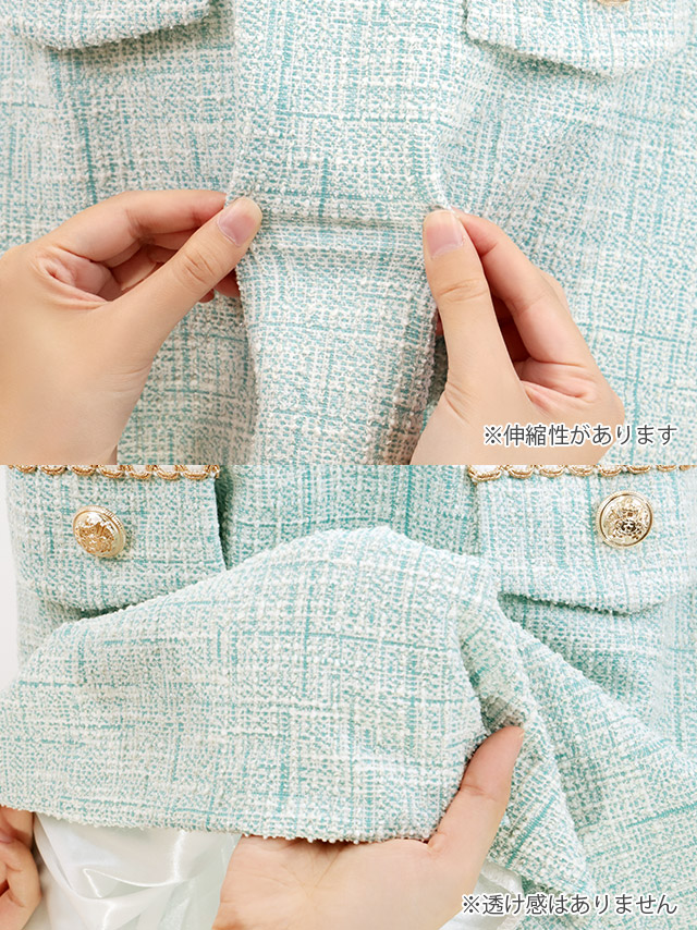 韓国ドレス ワンピース Aライン ミニドレス 大人 上品 ツイード 半袖 パフスリーブ ブラジャーのまま 裾プリーツ Aライン ミニドレスのディティール2