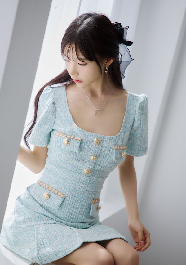 韓国ドレス ワンピース Aライン ミニドレス 大人 上品 ツイード 半袖 パフスリーブ ブラジャーのまま 裾プリーツ Aライン ミニドレスイメージ画像1