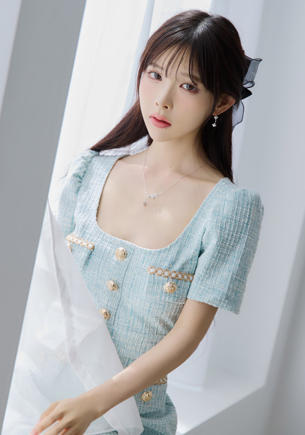 韓国ドレス ワンピース Aライン ミニドレス 大人 上品 ツイード 半袖 パフスリーブ ブラジャーのまま 裾プリーツ Aライン ミニドレスイメージ画像1